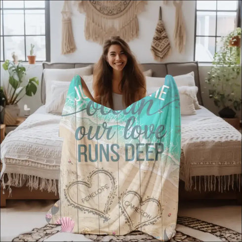 Personalized beach-themed Sherpa fleece blanket showcasing ocean love design