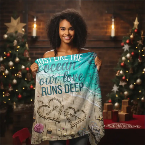 Personalized beach-themed Sherpa fleece blanket for ocean lovers featuring love design