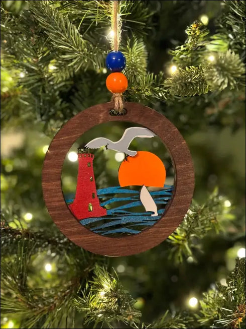 Circular Wooden Christmas Ornament featuring Seagull, Handmade Coastal Holiday Decor