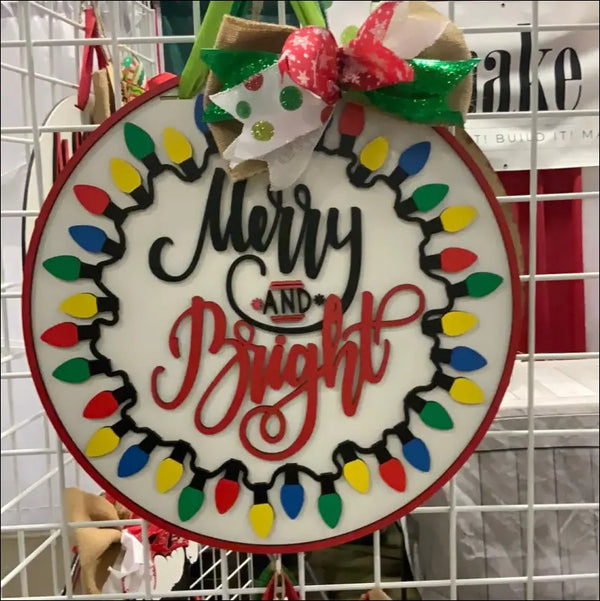 Circular Christmas ornament on Merry and Bright Handpainted Christmas Wood Sign