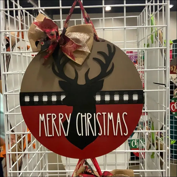 Round Christmas deer decoration on Merry Christmas Door Hanger, handpainted wood holiday decor