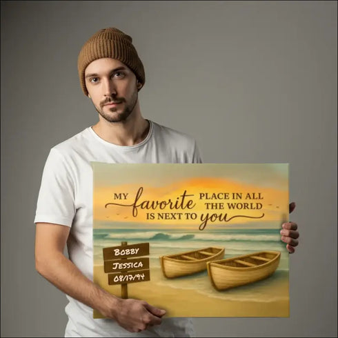 Personalized canvas print of beach sunset with rowboats and Bobby & Jessica 08/17/94 sign