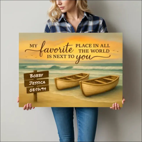 Personalized canvas print of rowboats on beach at sunset with favorite place quote
