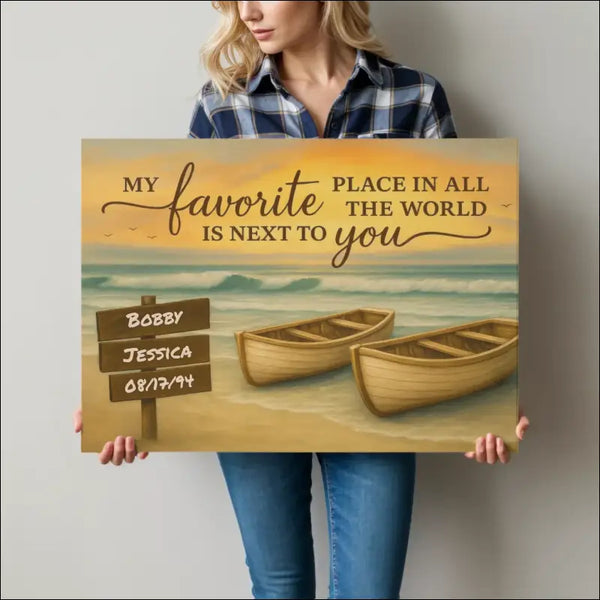 Beach-themed personalized canvas print for couples, My Favorite Place Is Next To You