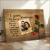 Personalized one year anniversary canvas print with couple photo, engraved text, roses and hearts