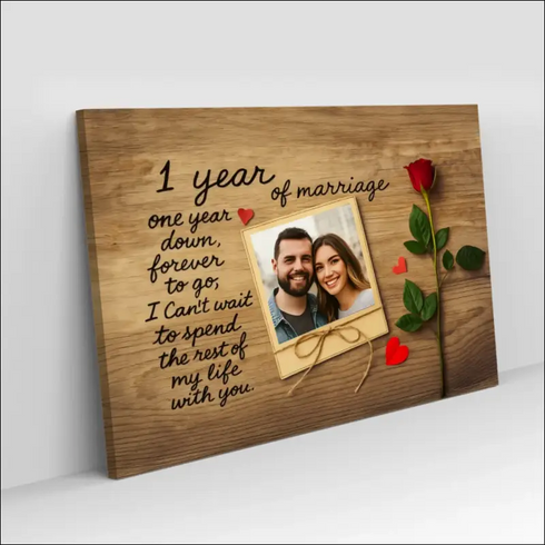 Personalized one year anniversary canvas print with couple photo and rose