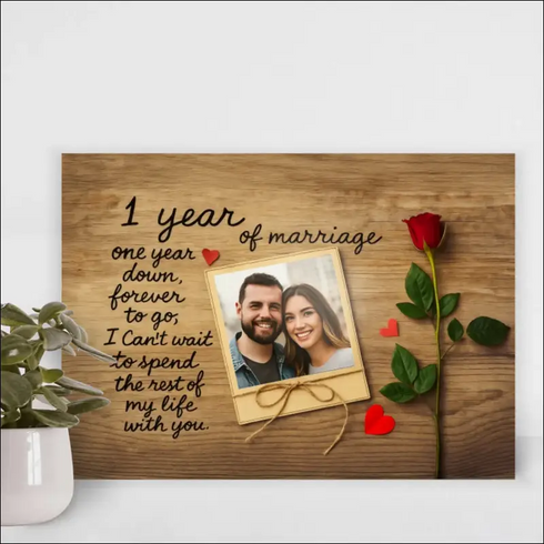 Personalized 1 year anniversary canvas print with plaque, photo and rose