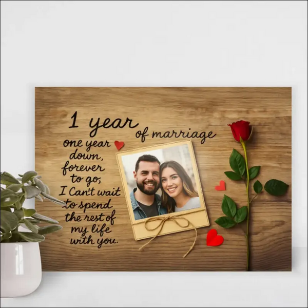 Personalized 1 year anniversary canvas print with plaque, photo and rose