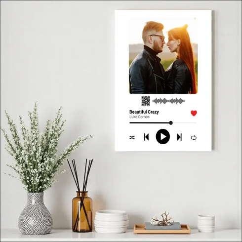 Our Song canvas print of couple in black leather jackets, sunlit background