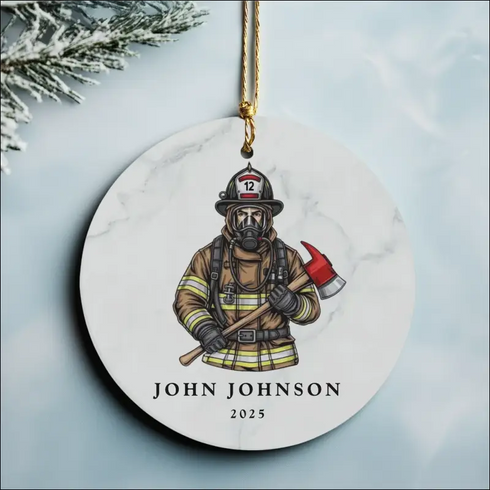 Personalized Ceramic Firefighter Ornament with Axe and Helmet 2025