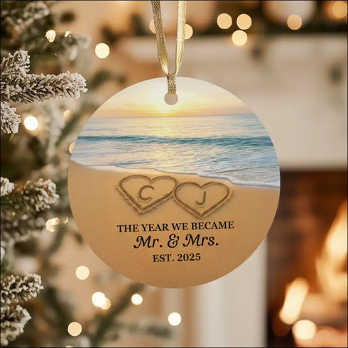 Personalized Hearts In The Sand Ceramic Ornament with sand heart design