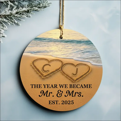 Personalized Hearts In The Sand Ceramic Ornament with Beach Design