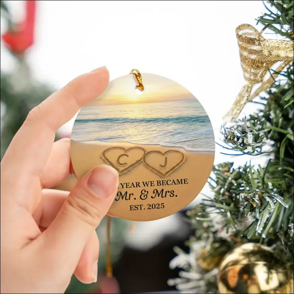 Personalized wooden beach scene ceramic ornament with hearts and text