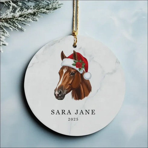 Personalized white ceramic horse ornament with Santa hat and holly, 2025 edition