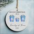 Personalized Our First Family Christmas 2025 ceramic ornament with blue footprints