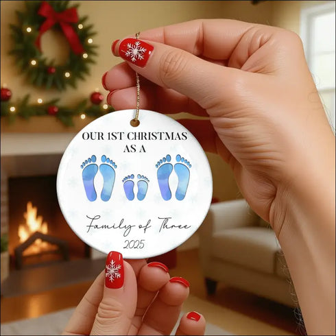 Personalized 2025 Family of Three Ceramic Ornament with Blue Footprints