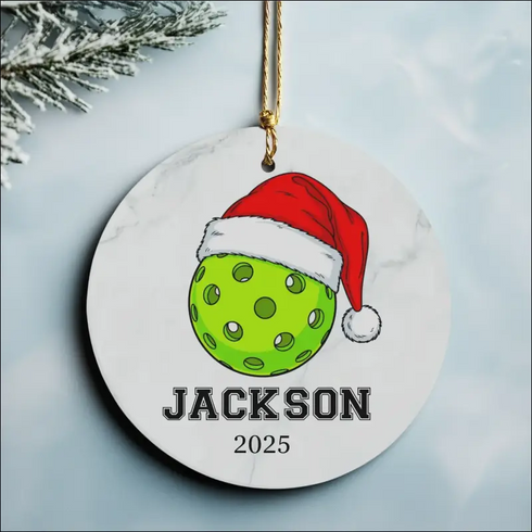 High-quality white ceramic pickleball Christmas ornament with Santa hat design 2025 edition