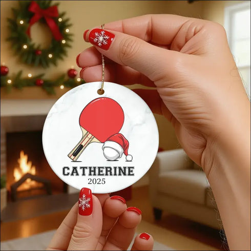 High-quality white ceramic personalized ping pong ornament with Santa hat and red white design