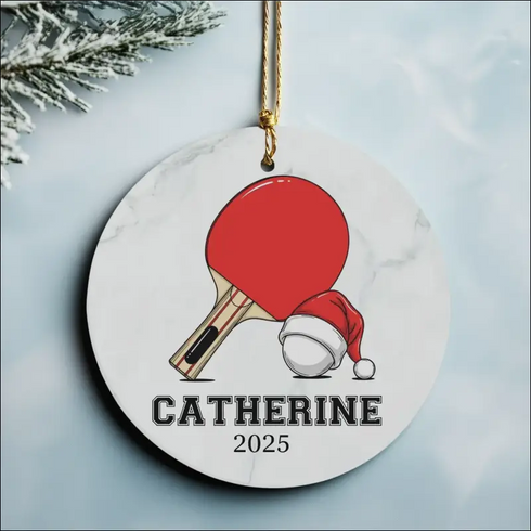 Personalized ping pong ornament with high-quality white ceramic and red black paddle design