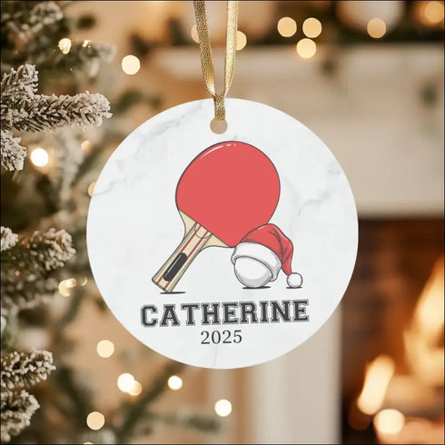 High-quality white ceramic personalized ping pong ornament with red paddle and Santa hat design