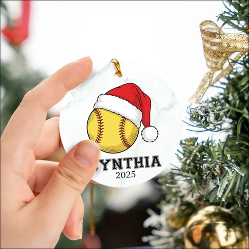 Personalized Softball Lover Christmas Ornament ceramic ornament with Santa hat design on white background