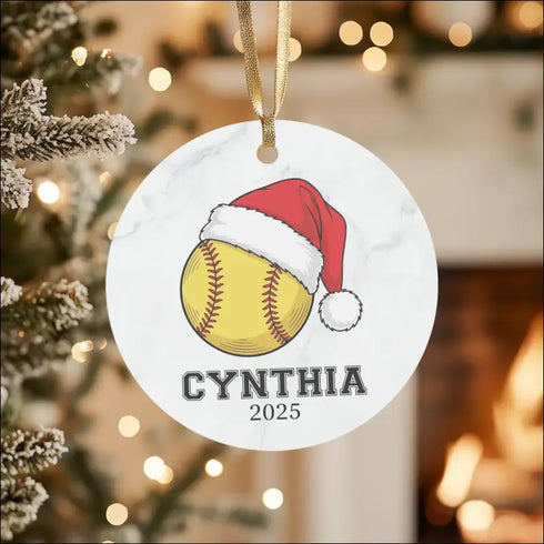Ceramic softball Christmas ornament with Santa hat design for softball lovers 2025 edition