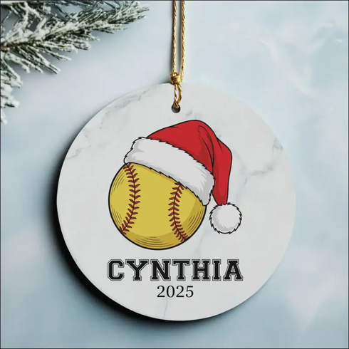 Ceramic softball ornament with Santa hat design for Christmas ornament, 2025 edition