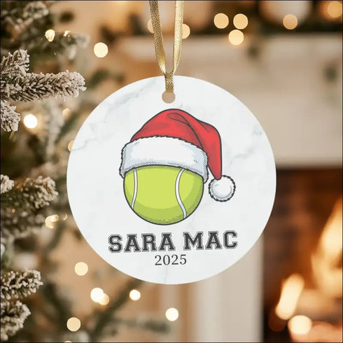 High-quality white ceramic tennis ball ornament with Santa hat design for 2025 Christmas