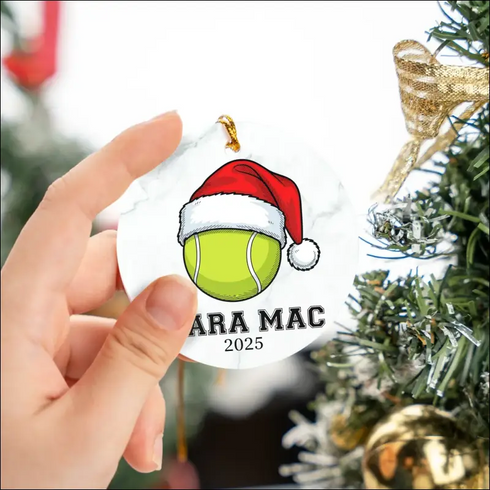 High-quality white ceramic tennis ball ornament with Santa hat and gold trim for Christmas