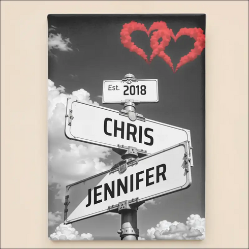 Personalized vintage street sign canvas with Chris and Jennifer heart smoke trail
