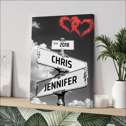 Personalized vintage street sign canvas print of Chris and Jennifer with red heart