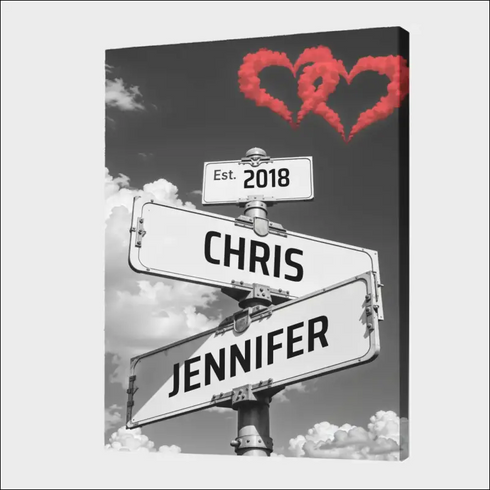 Personalized vintage street sign with Chris and Jennifer heart canvas