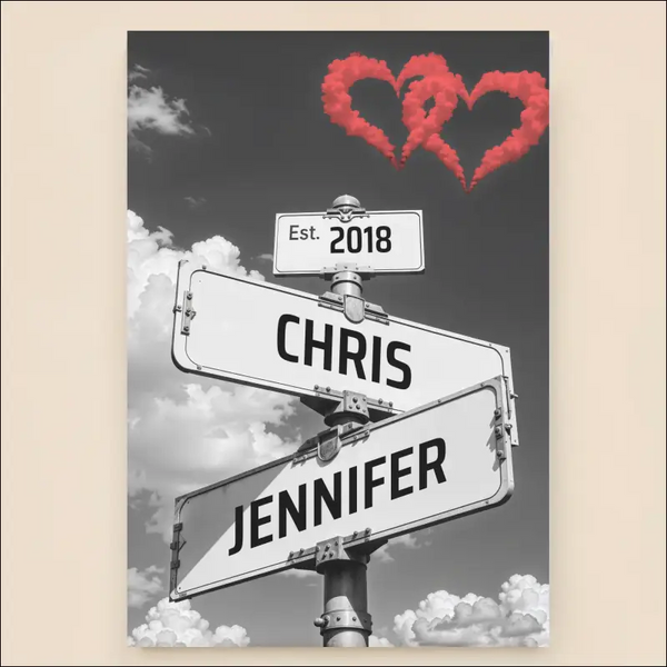 Personalized vintage street sign with two hearts in the sky, perfect as a wood door hanger or pickup truck design