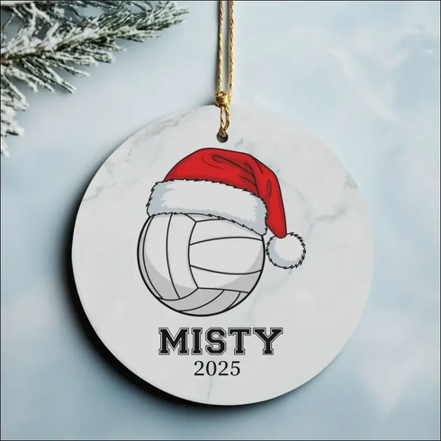 High-quality white ceramic volleyball Christmas ornament with Santa hat design 2025 edition