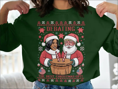 Novelty Christmas sweater featuring Political Holiday Humor and Funny Christmas Debate design