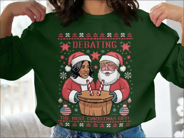 Novelty Christmas sweater featuring Political Holiday Humor and Funny Christmas Debate design
