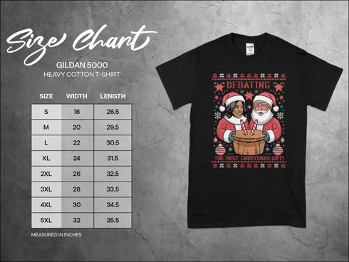 Black Christmas-themed holiday humor t-shirt with size chart for Political Holiday Humor