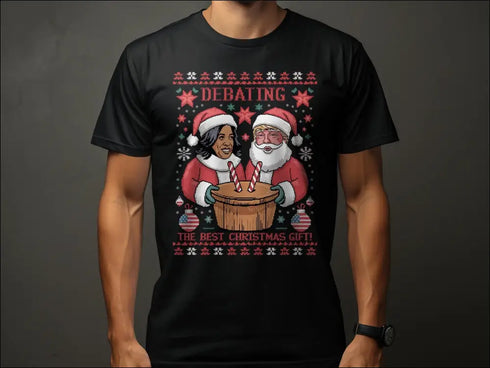 Black t-shirt with Christmas-themed graphic.