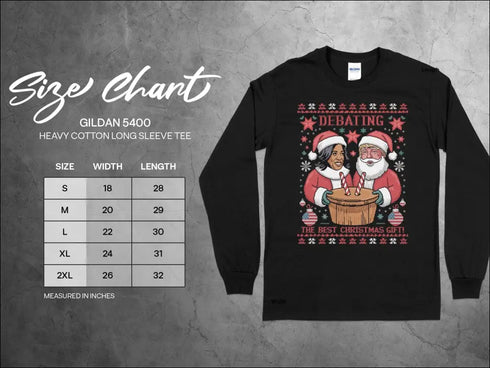 Black long-sleeved shirt size chart for Political Holiday Humor T-Shirt with Trump Kamala 2024