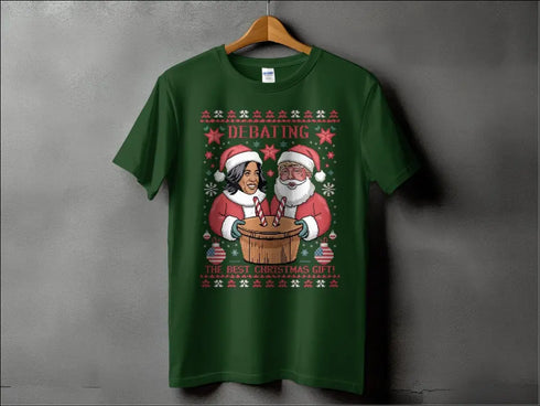 Green Christmas T-shirt for Political Holiday Humor featuring Trump and Kamala 2024 Gift