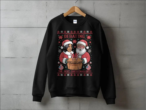 Black Christmas sweater featuring Political Holiday Humor for a Funny Christmas Debate
