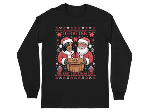 Black long-sleeved Holiday Humor T-Shirt with Christmas-themed graphic for funny Christmas debate