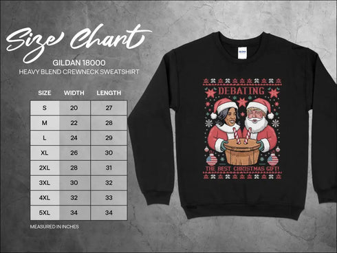 Black Christmas sweater with size chart for Political Holiday Humor T-Shirt featuring Trump Kamala