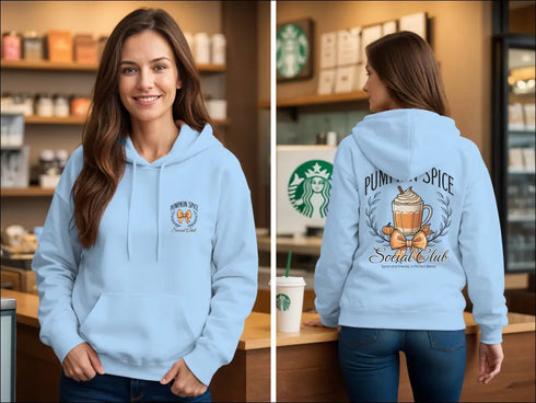 Light blue hoodie from Pumpkin Spice Social Club Fall Coffee Lover Tee collection