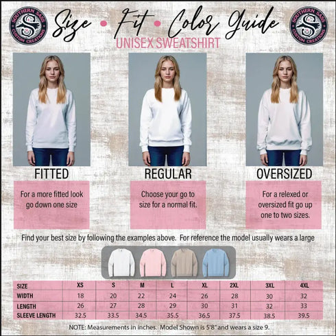 Unisex sweatshirt size and fit guide for Pumpkin Spice Social Club T-Shirt
