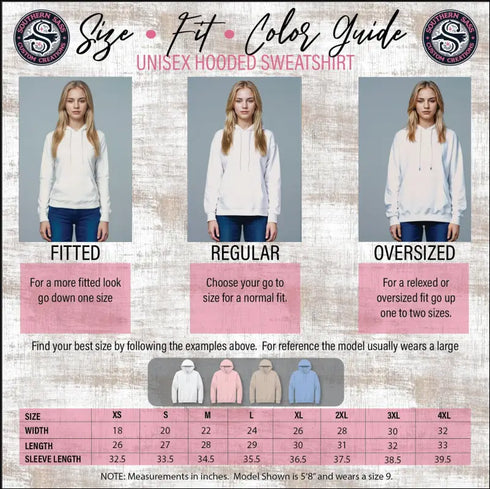 Unisex hooded sweatshirt size and fit guide for Pumpkin Spice Social Club apparel