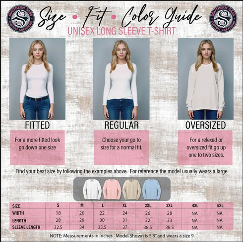 Unisex long sleeve t-shirt size and fit guide for Pumpkin Spice Social Club Tee