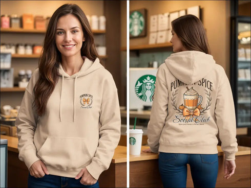 Beige Pumpkin Spice Social Club hoodie with cozy autumn graphic design