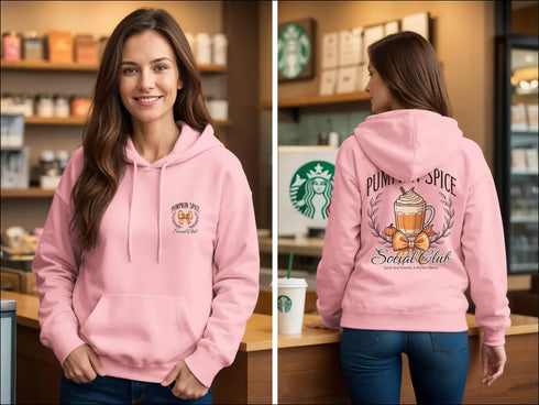 Pink hoodie featuring Pumpkin Spice design for Fall Coffee Lover enthusiasts