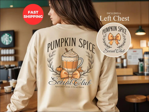 Beige Pumpkin Spice Social Club T-Shirt for fall coffee lovers in cozy autumn style